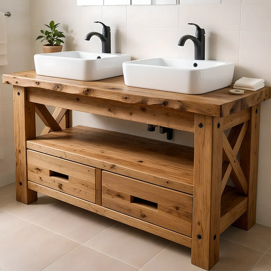 Rustic Farmhouse Solid Wood Double Sink Vanity With Drawers - Elitegemse