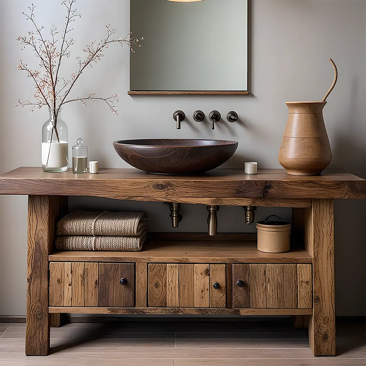 Rustic Heritage Oak Bathroom Vanity – Handcrafted Wood - Elitegemse