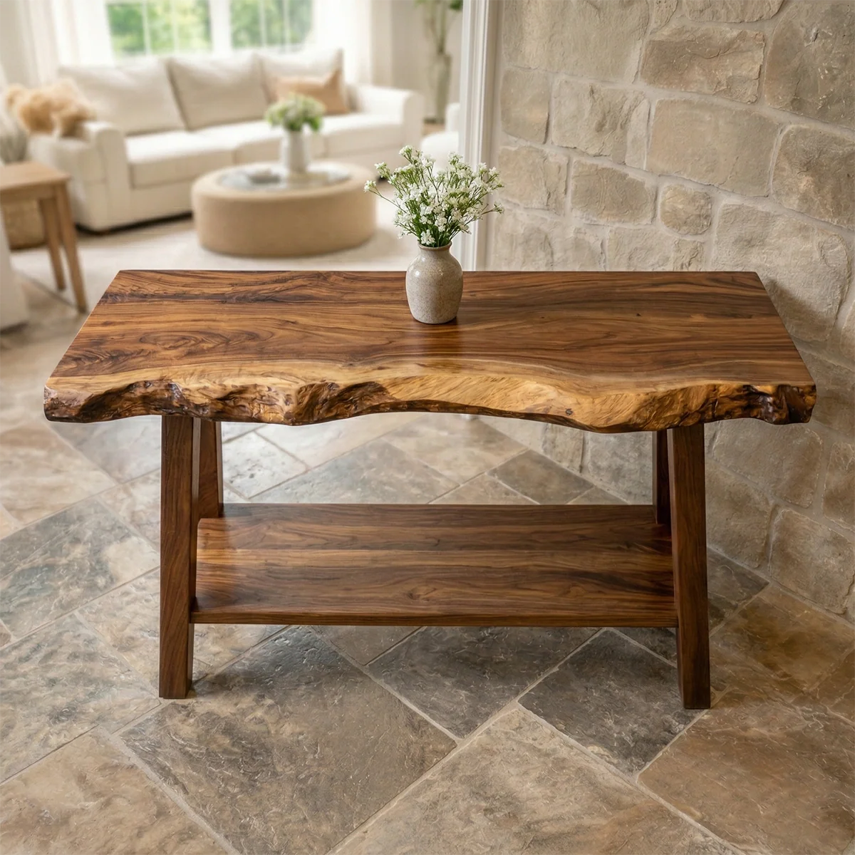 Rustic Live Edge Solid Wood Console Table with Storage Shelf - Woodenecho