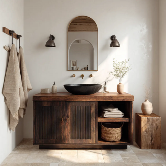 Rustic Natural Solid Wood Bathroom Vanity Cabinet with Open Shelf - Elitegemse