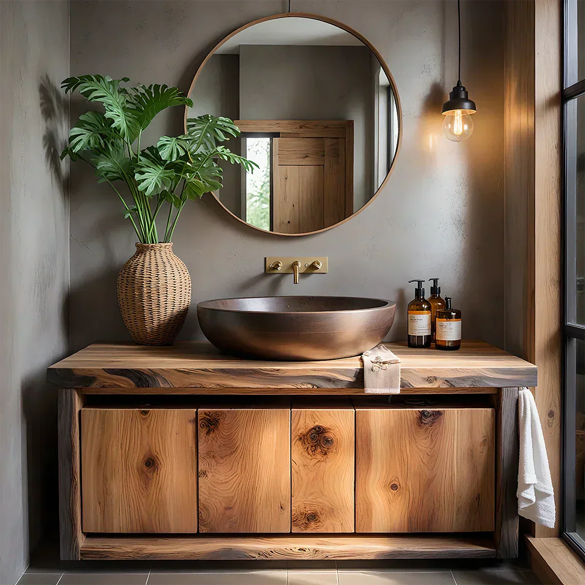 Rustic Natural Solid Wood Vanity with Bold Grain Doors - Elitegemse