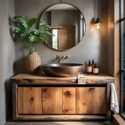 Rustic Natural Solid Wood Vanity with Bold Grain Doors - Elitegemse