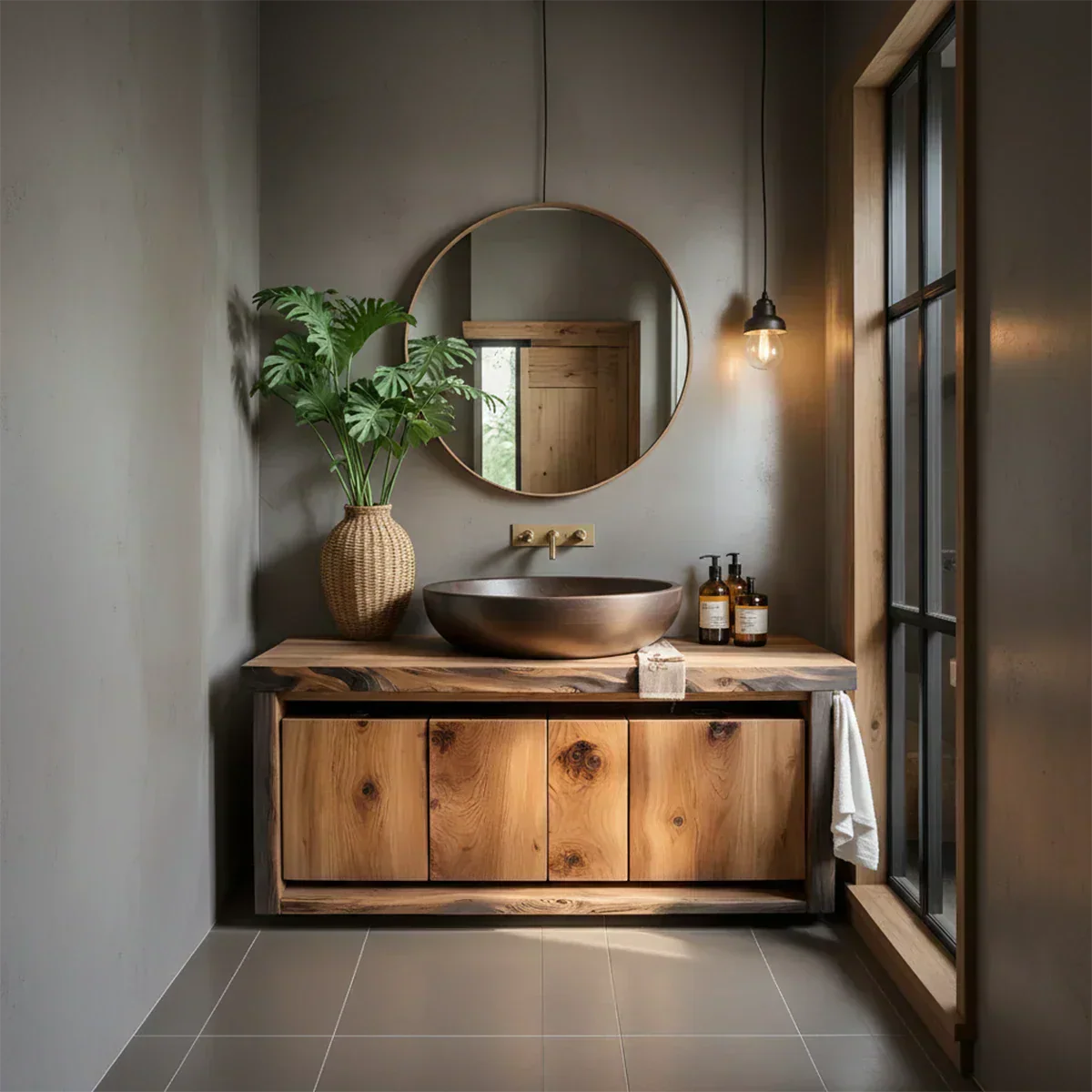 Rustic Natural Solid Wood Vanity with Bold Grain Doors - Elitegemse