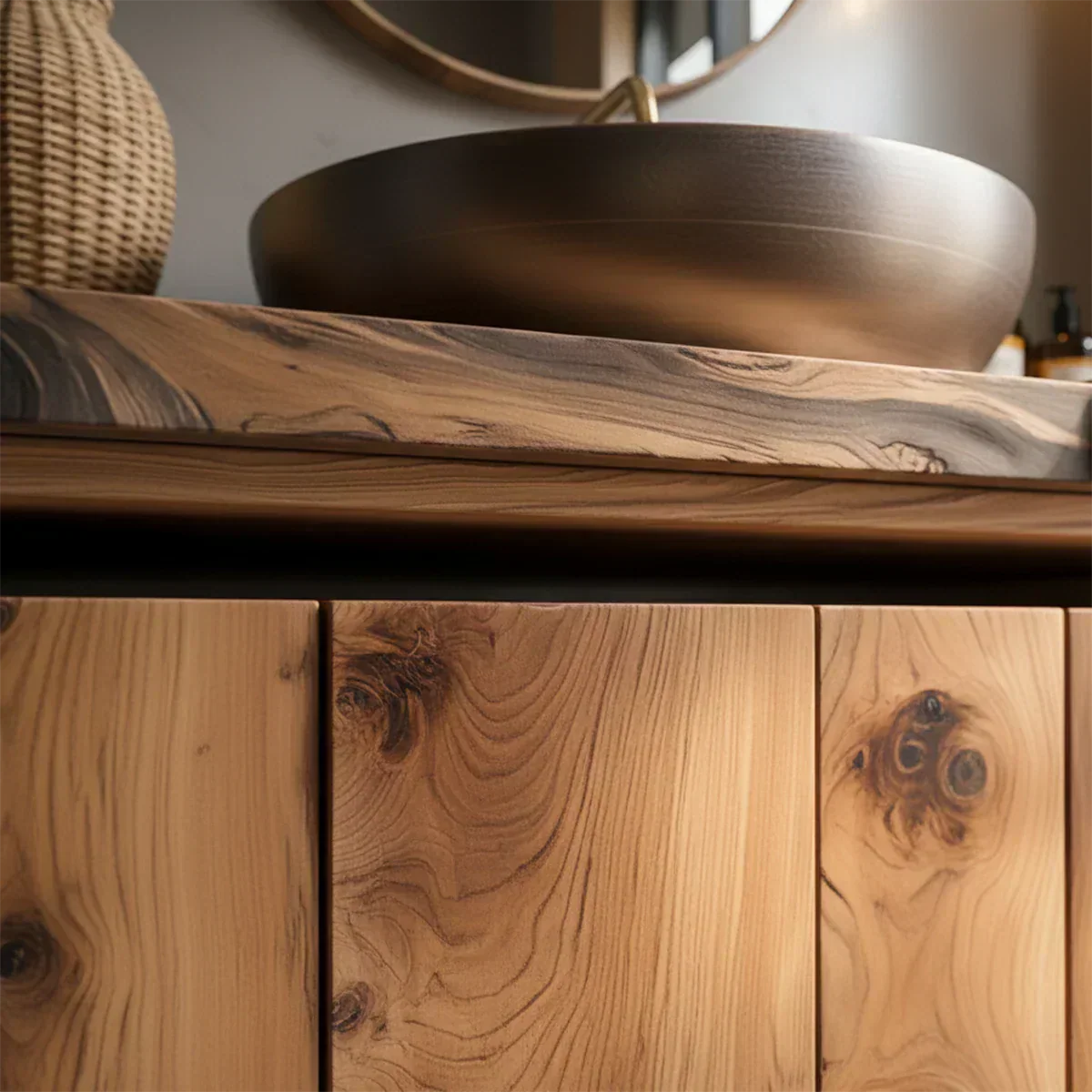 Rustic Natural Solid Wood Vanity with Bold Grain Doors - Elitegemse