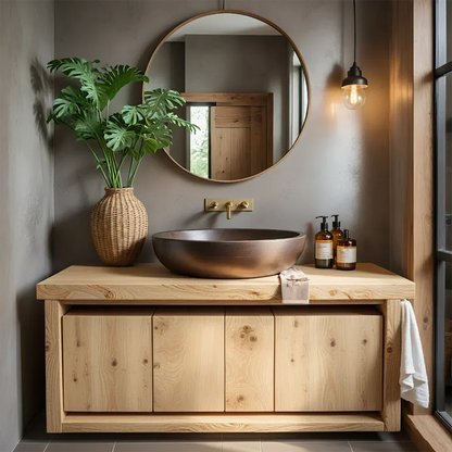 Rustic Natural Solid Wood Vanity with Bold Grain Doors - Elitegemse