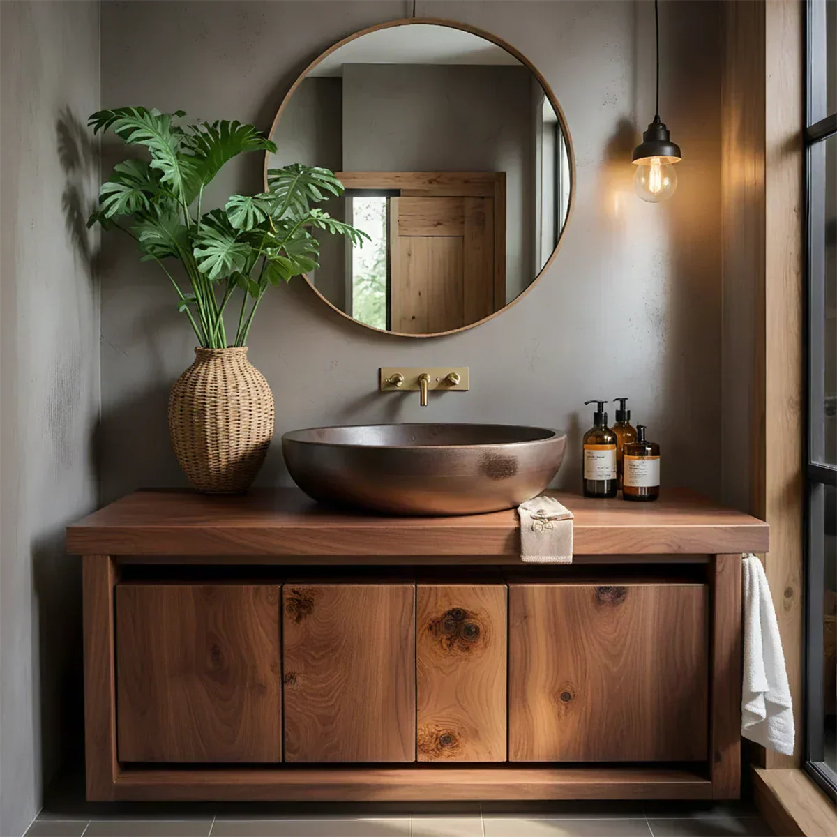 Rustic Natural Solid Wood Vanity with Bold Grain Doors - Elitegemse