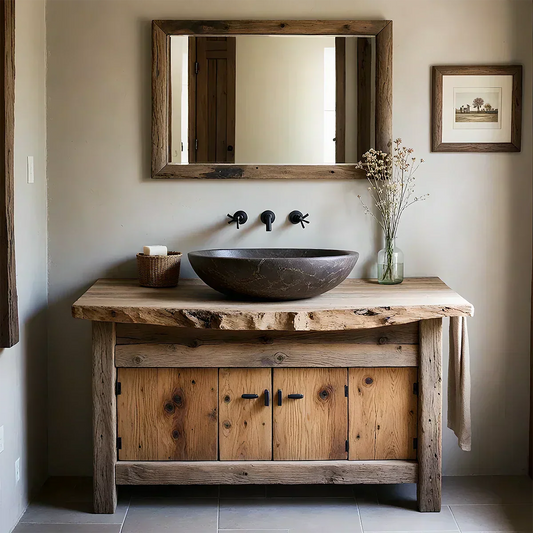 Rustic Natural Solid Wood Vanity with Live-Edge Top - Elitegemse
