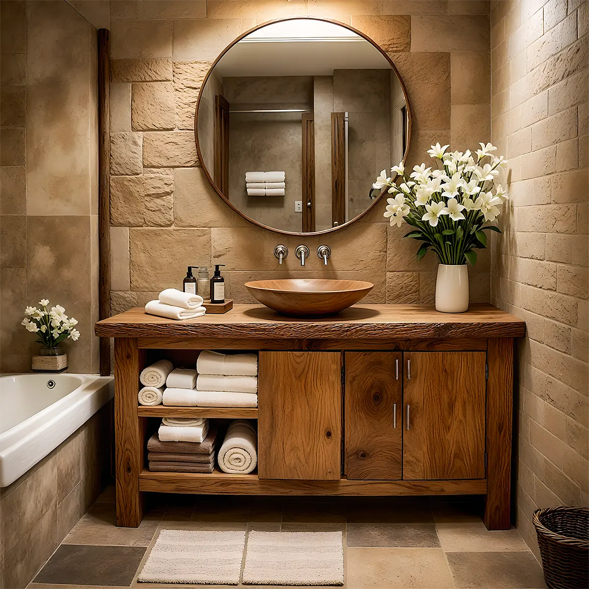Rustic Solid Oak Bathroom Vanity – Handcrafted Wood Design - Elitegemse