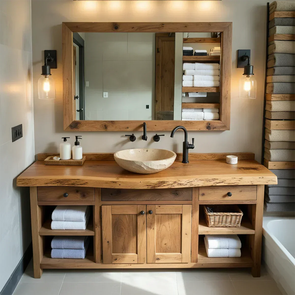 Rustic Solid Wood Bathroom Vanity – Handcrafted Farmhouse Wabi-Sabi Cabinet - Elitegemse