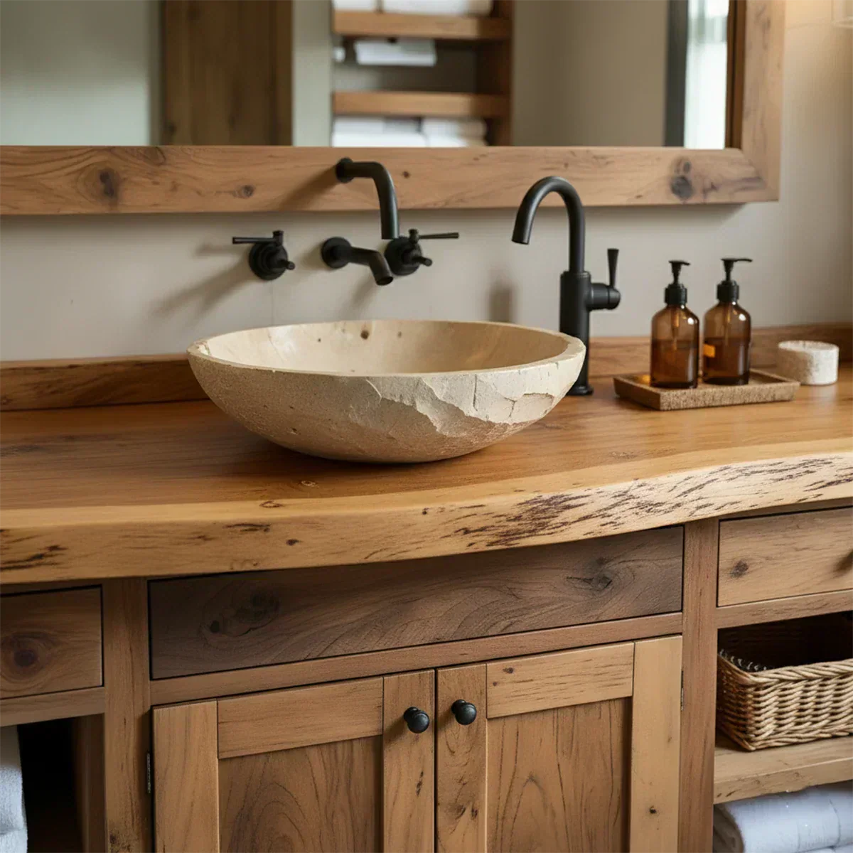 Rustic Solid Wood Bathroom Vanity – Handcrafted Farmhouse Wabi-Sabi Cabinet - Elitegemse