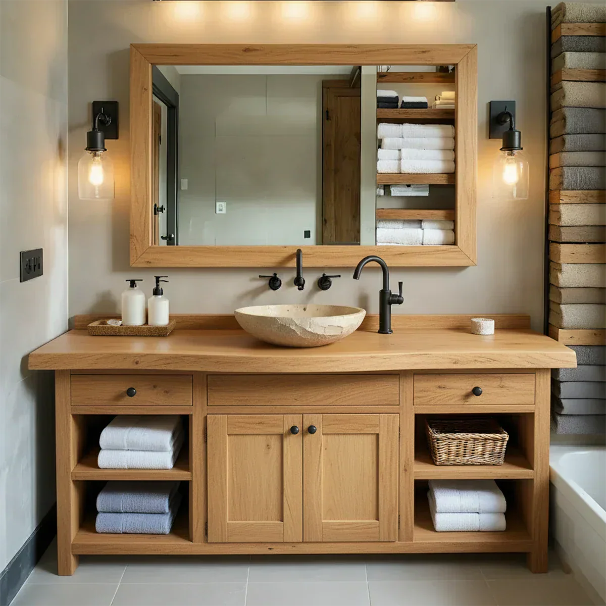 Rustic Solid Wood Bathroom Vanity – Handcrafted Farmhouse Wabi-Sabi Cabinet - Elitegemse