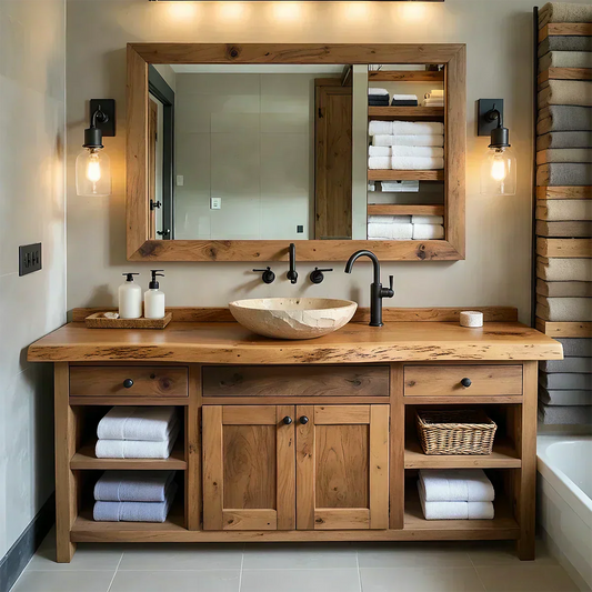 Rustic Solid Wood Bathroom Vanity – Handcrafted Farmhouse Wabi-Sabi Cabinet - Woodenecho