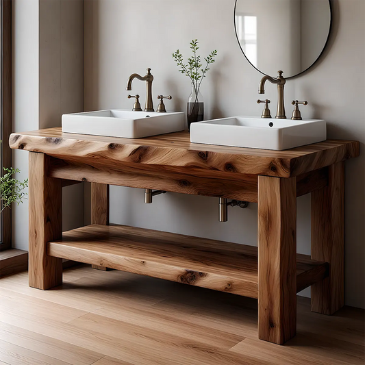Rustic Solid Wood Double Sink Bathroom Vanity with Open Shelf - Elitegemse