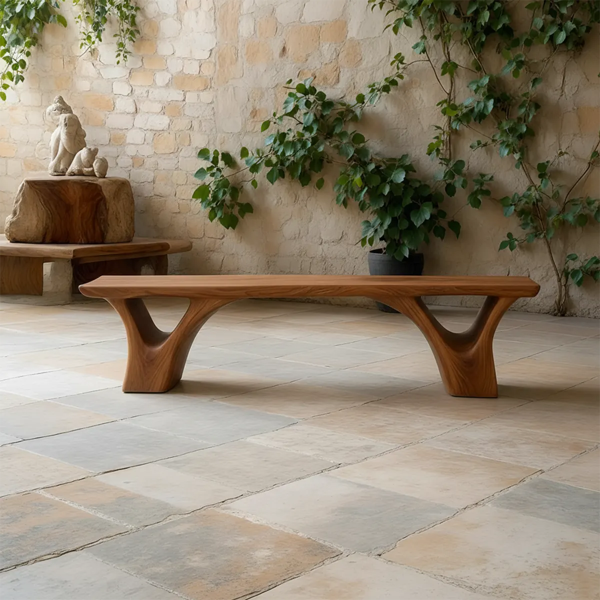 Sculpted Arch-Base Solid Wood Bench – Modern Fluid Silhouette - Rustirawood