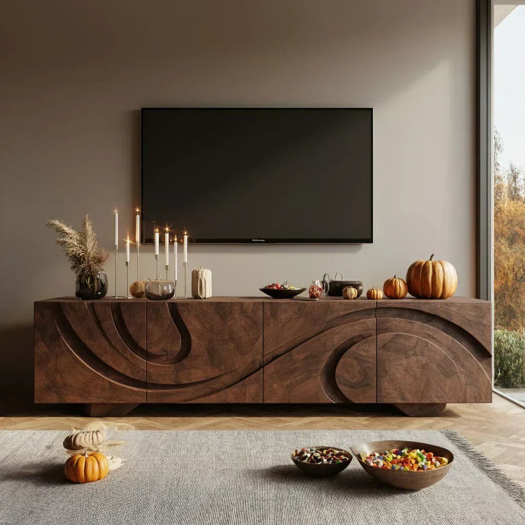 Sculpted Dark Walnut TV Stand — Lunar Tide Edition - Elitegemse