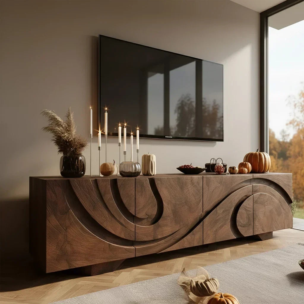Sculpted Dark Walnut TV Stand — Lunar Tide Edition - Elitegemse
