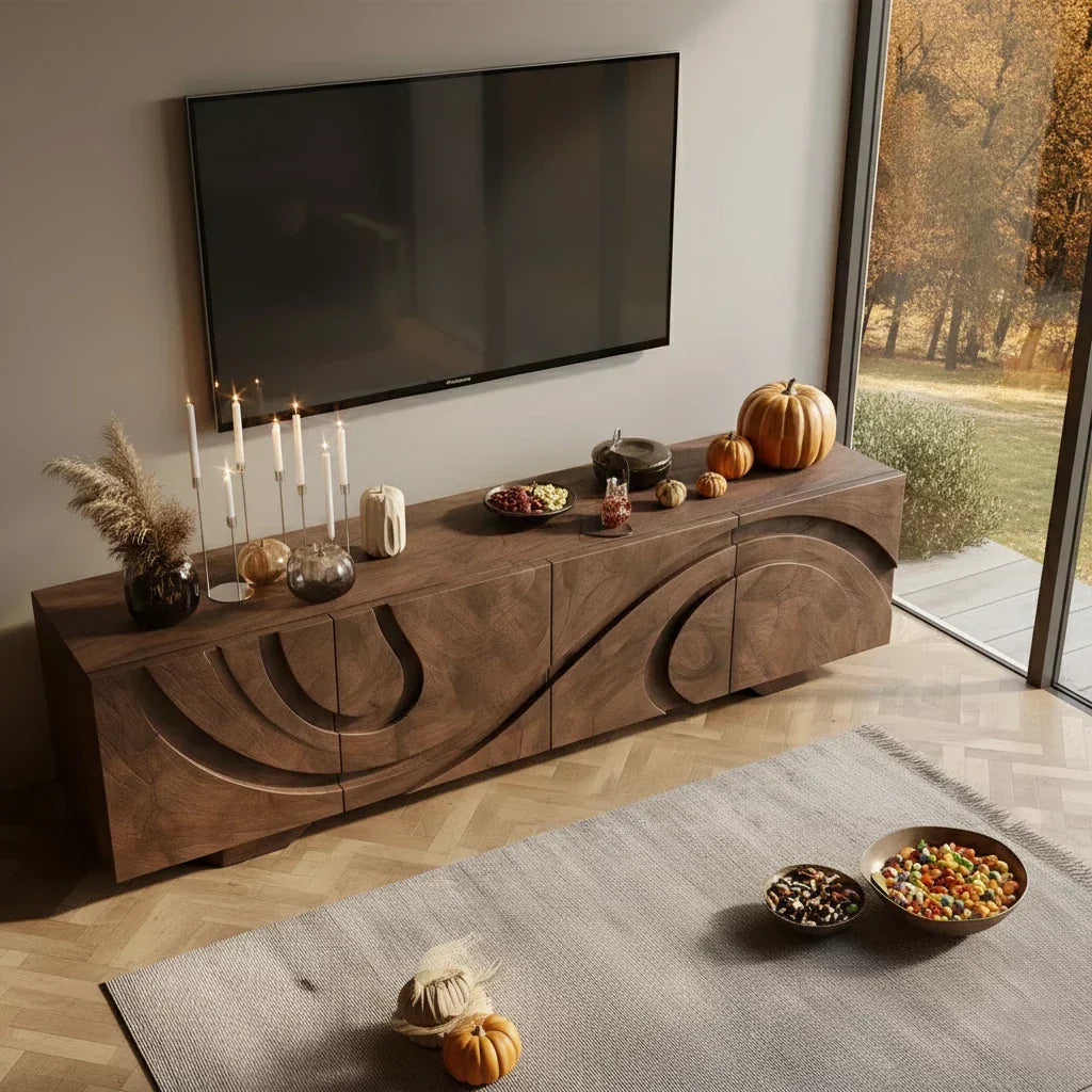 Sculpted Dark Walnut TV Stand — Lunar Tide Edition - Elitegemse