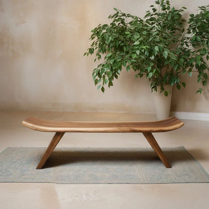 Sculpted Low-Profile Bench in Natural Solid Wood – Curved Edge Form - Rustirawood