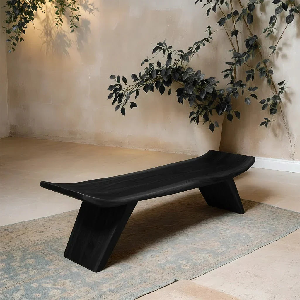 Sculpted Low-Profile Bench in Natural Solid Wood – Curved Edge Form - Rustirawood