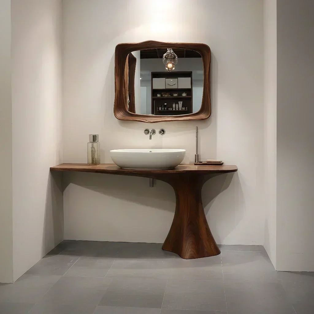 Sculpted Solid Wood Bathroom Vanity With Modern Curved Base - Woodenecho