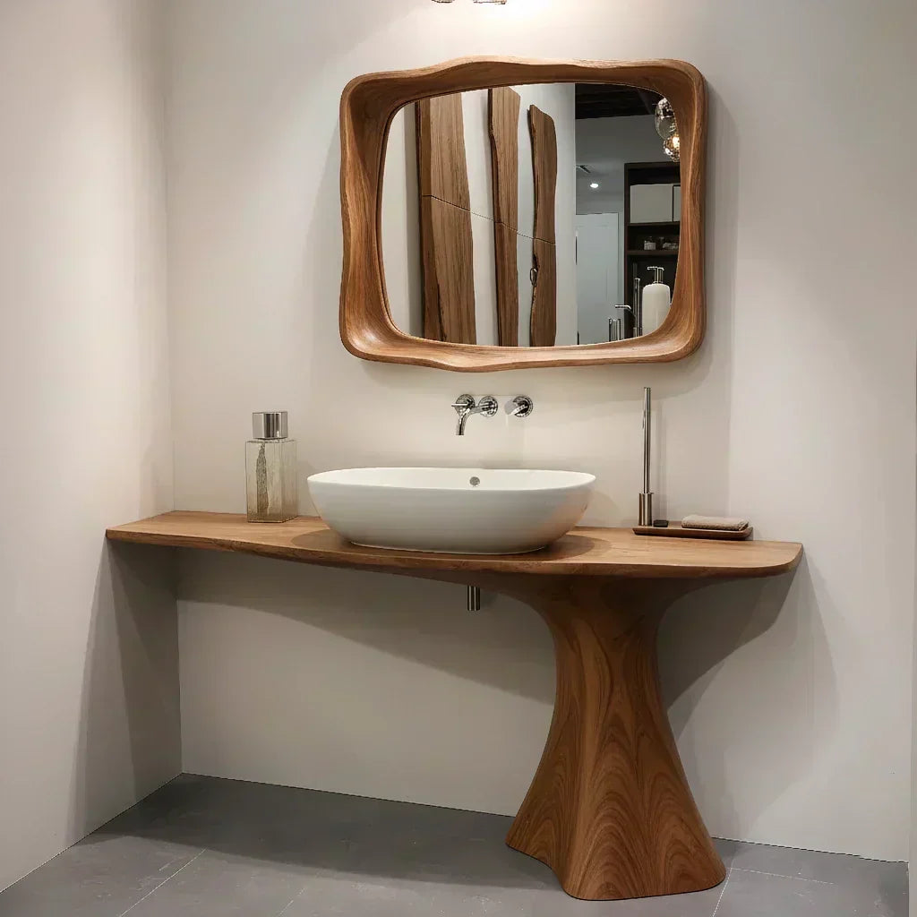 Sculpted Solid Wood Bathroom Vanity With Modern Curved Base - Woodenecho