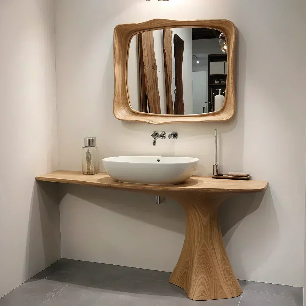 Sculpted Solid Wood Bathroom Vanity With Modern Curved Base - Woodenecho