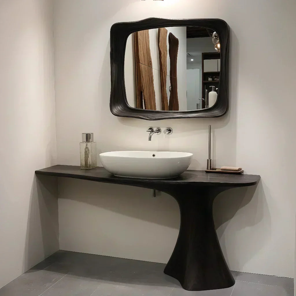 Sculpted Solid Wood Bathroom Vanity With Modern Curved Base - Woodenecho