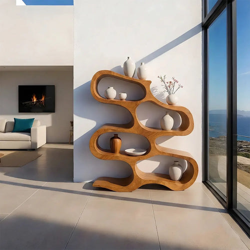 Sculpted Solid Wood Bookshelf – Flowing Wave Edition - Woodenecho