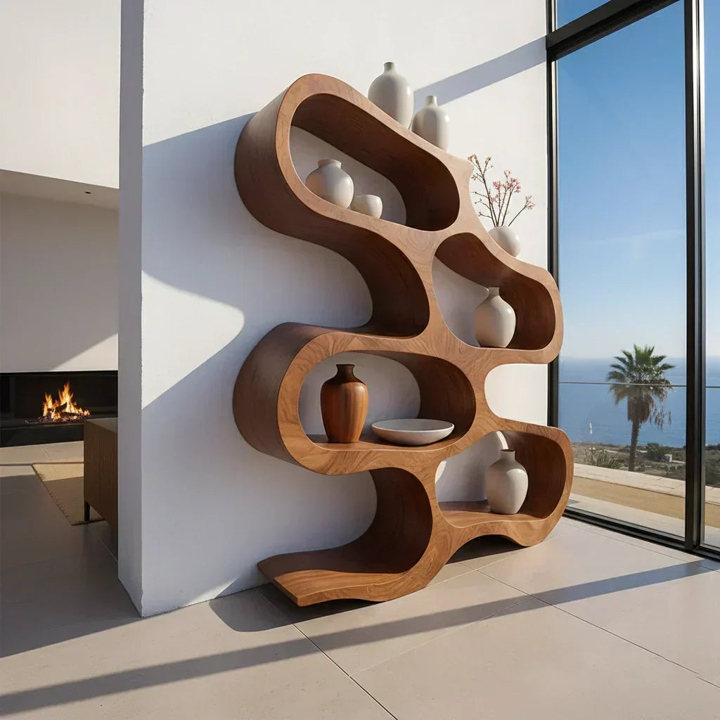 Sculpted Solid Wood Bookshelf – Flowing Wave Edition - Woodenecho