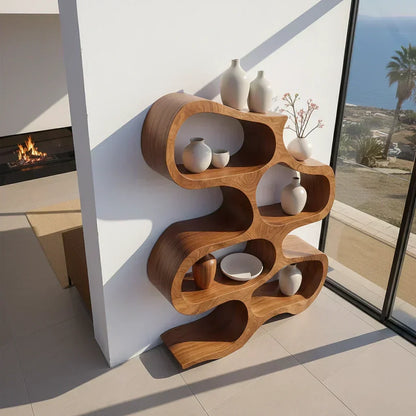 Sculpted Solid Wood Bookshelf – Flowing Wave Edition - Woodenecho