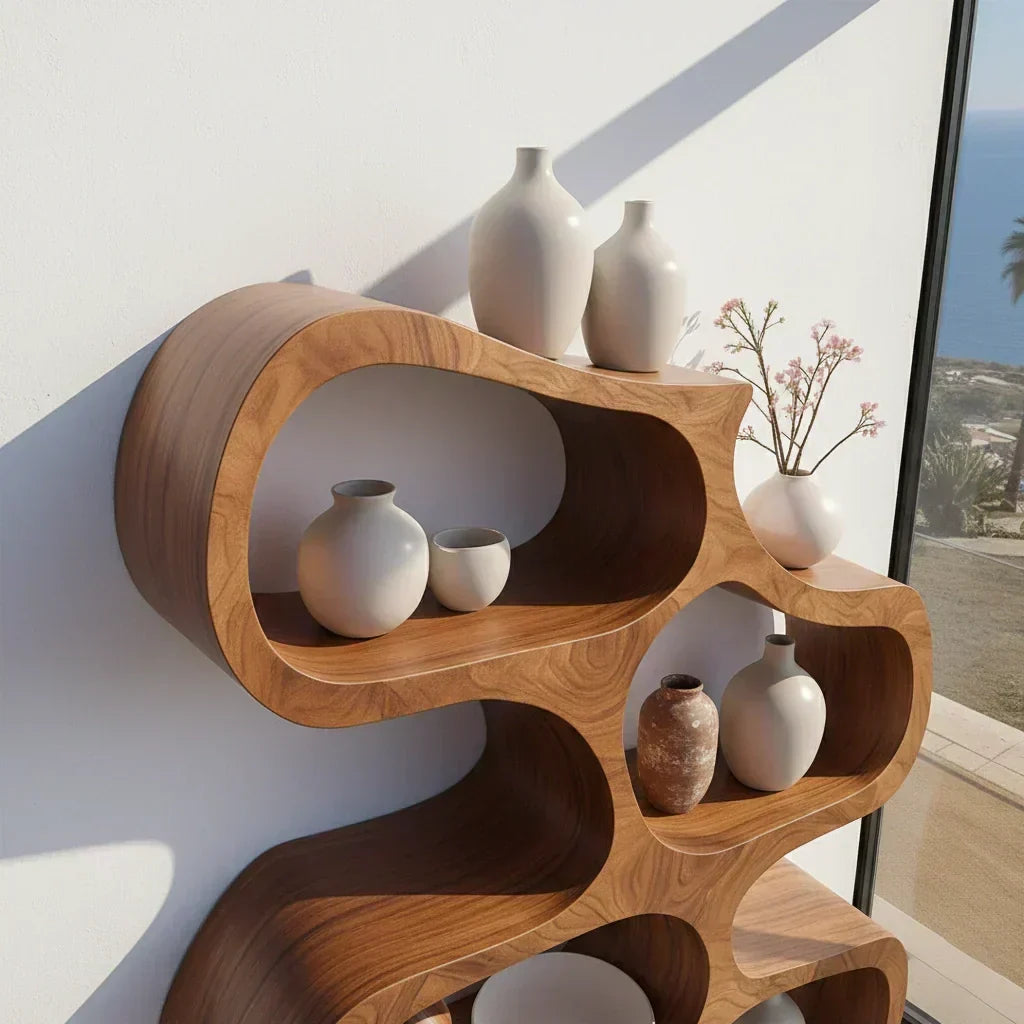 Sculpted Solid Wood Bookshelf – Flowing Wave Edition - Woodenecho