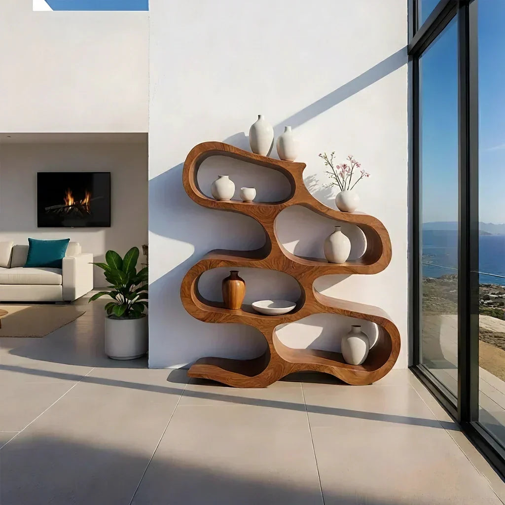 Sculpted Solid Wood Bookshelf – Flowing Wave Edition - Woodenecho