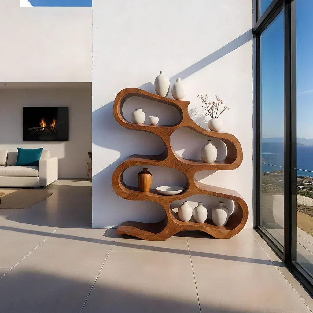 Sculpted Solid Wood Bookshelf – Flowing Wave Edition - Woodenecho