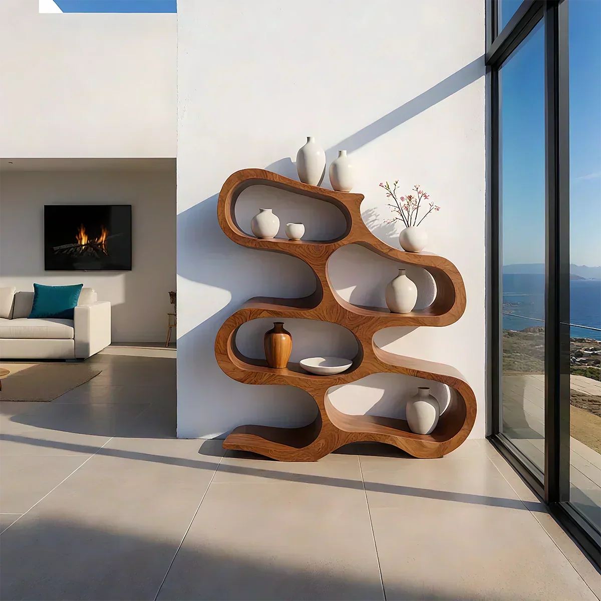 Sculpted Solid Wood Bookshelf – Flowing Wave Edition - Woodenecho