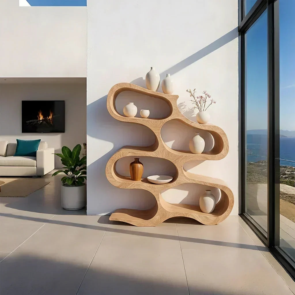 Sculpted Solid Wood Bookshelf – Flowing Wave Edition - Woodenecho
