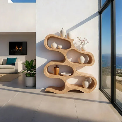 Sculpted Solid Wood Bookshelf – Flowing Wave Edition - Woodenecho