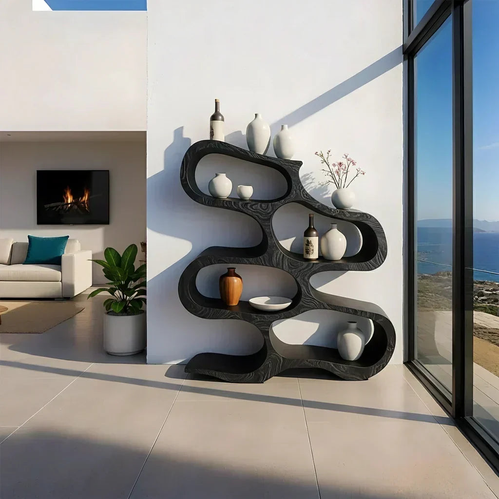 Sculpted Solid Wood Bookshelf – Flowing Wave Edition - Woodenecho