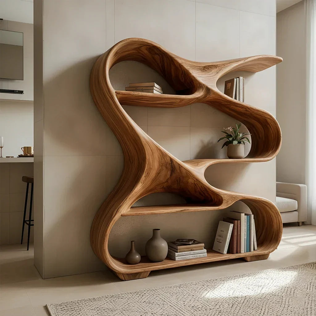 Sculpted Solid Wood Bookshelf – Rustic Flow Edition - Rustirawood