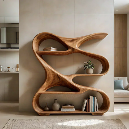 Sculpted Solid Wood Bookshelf – Rustic Flow Edition - Woodenecho