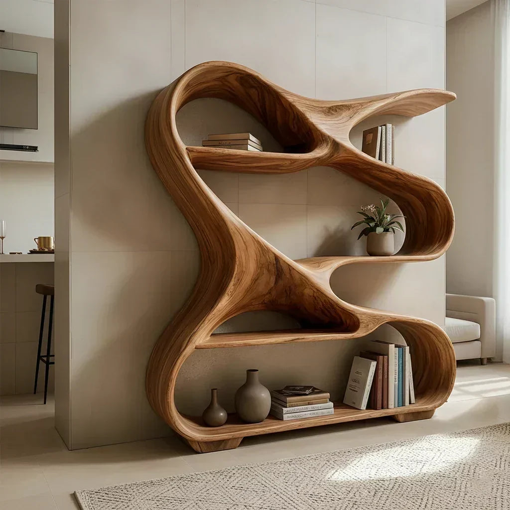 Sculpted Solid Wood Bookshelf – Rustic Flow Edition - Woodenecho