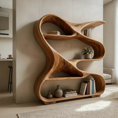 Sculpted Solid Wood Bookshelf – Rustic Flow Edition - Woodenecho