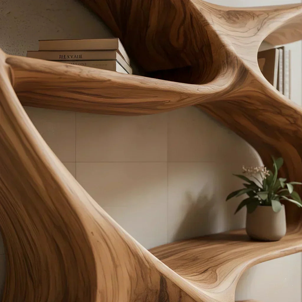 Sculpted Solid Wood Bookshelf – Rustic Flow Edition - Woodenecho