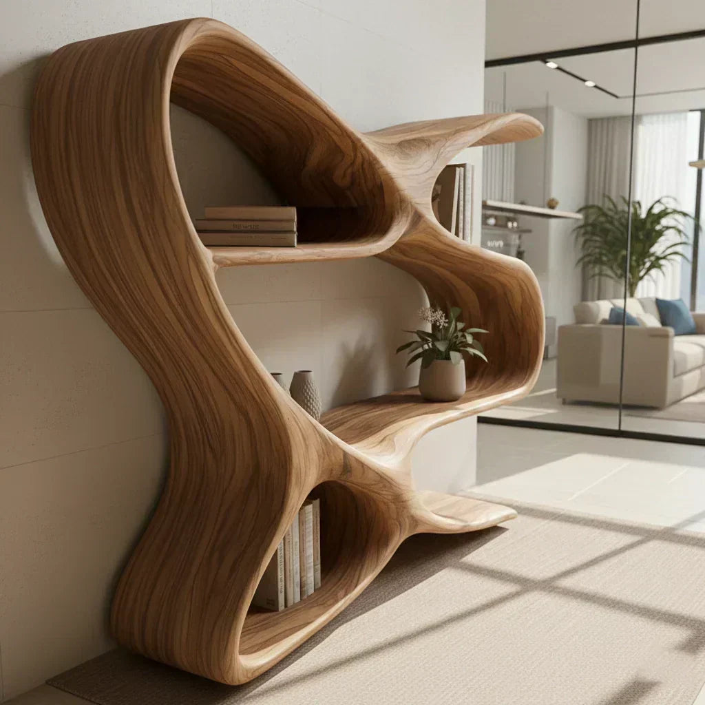 Sculpted Solid Wood Bookshelf – Rustic Flow Edition - Woodenecho