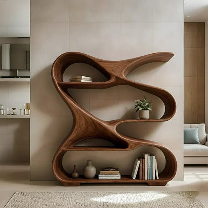 Sculpted Solid Wood Bookshelf – Rustic Flow Edition - Woodenecho