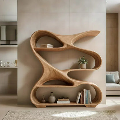 Sculpted Solid Wood Bookshelf – Rustic Flow Edition - Woodenecho
