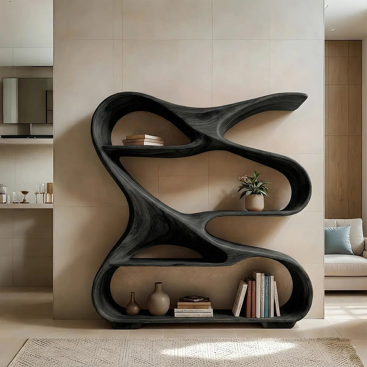 Sculpted Solid Wood Bookshelf – Rustic Flow Edition - Woodenecho