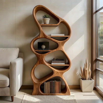 Sculpted Solid Wood Bookshelf – Vertical Organic Form - Woodenecho