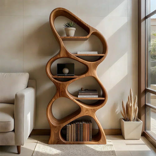 Sculpted Solid Wood Bookshelf – Vertical Organic Form - Woodenecho