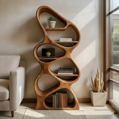 Sculpted Solid Wood Bookshelf – Vertical Organic Form - Woodenecho