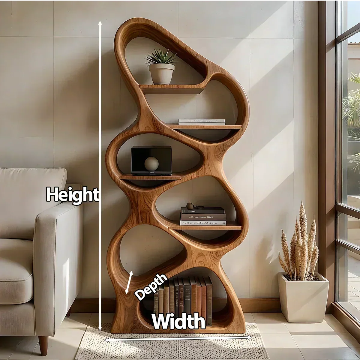 Sculpted Solid Wood Bookshelf – Vertical Organic Form - Woodenecho